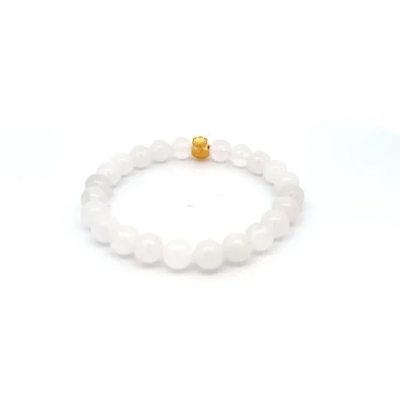 24K Gold Money Bag Lucky Charm Bracelet Gemstone Natural White Jade 8mm Size 7" - Picture 2 of 5